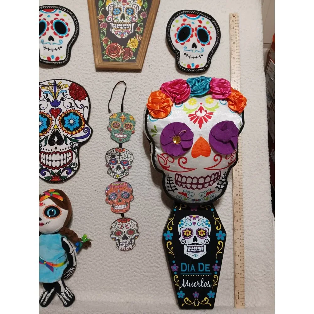 Day of the Dead Decor LOT Bundle Plushie Doll Pillow Wall Table Decor Dog Toys